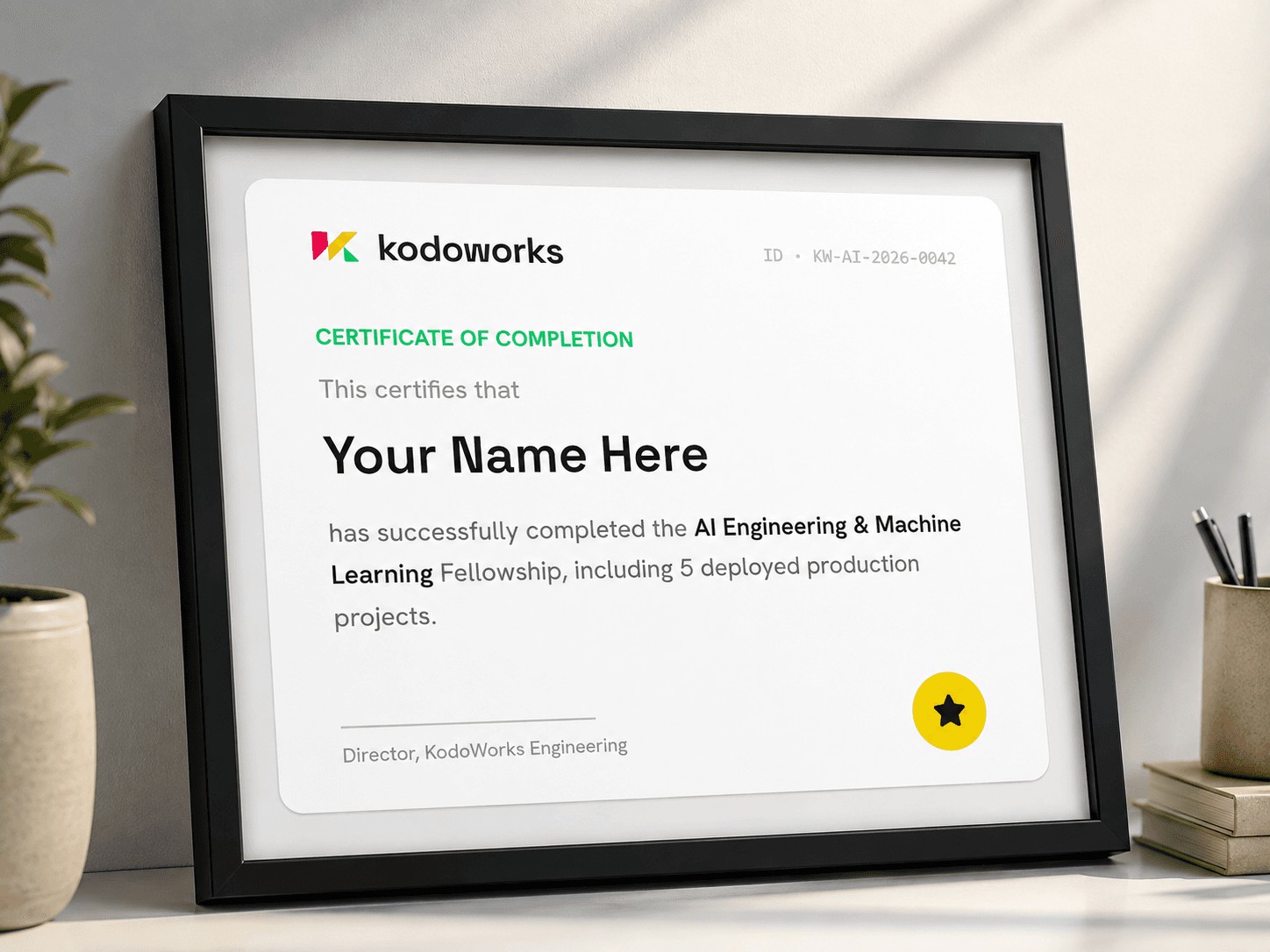 A KodoWorks certificate of completion
